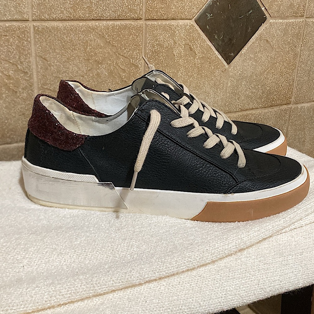 Dolce Vita Black Sneakers with Textured Fabric and Gum Sole and Maroon Glitter